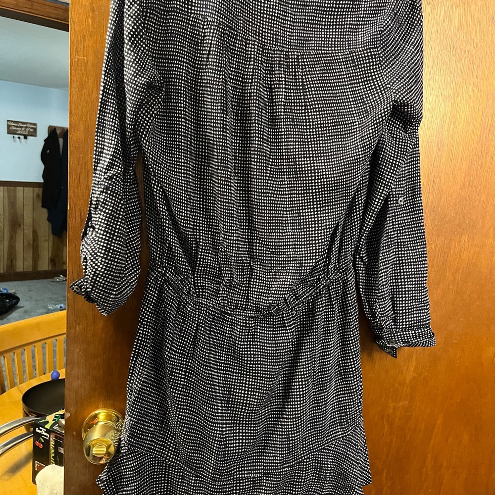Blue and white dress button down front, adjustable arm sleeves